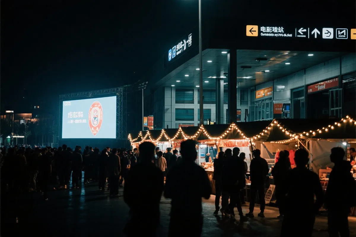 费城球迷广场夜景：大屏观赛人群、步行指示牌与公共交通入口
